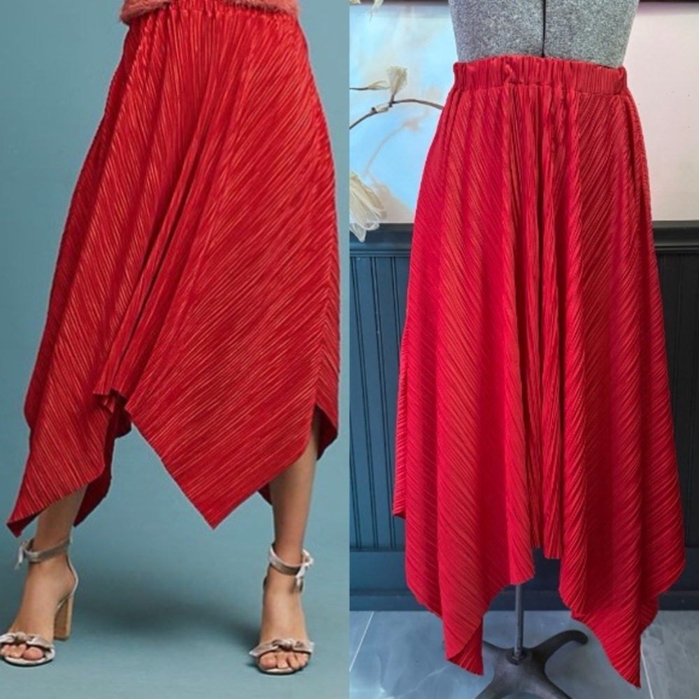 Anthropologie Sunday In Brooklyn Red Pleated Asymmetrical Midi Skirt Sz XS 💛🍄
